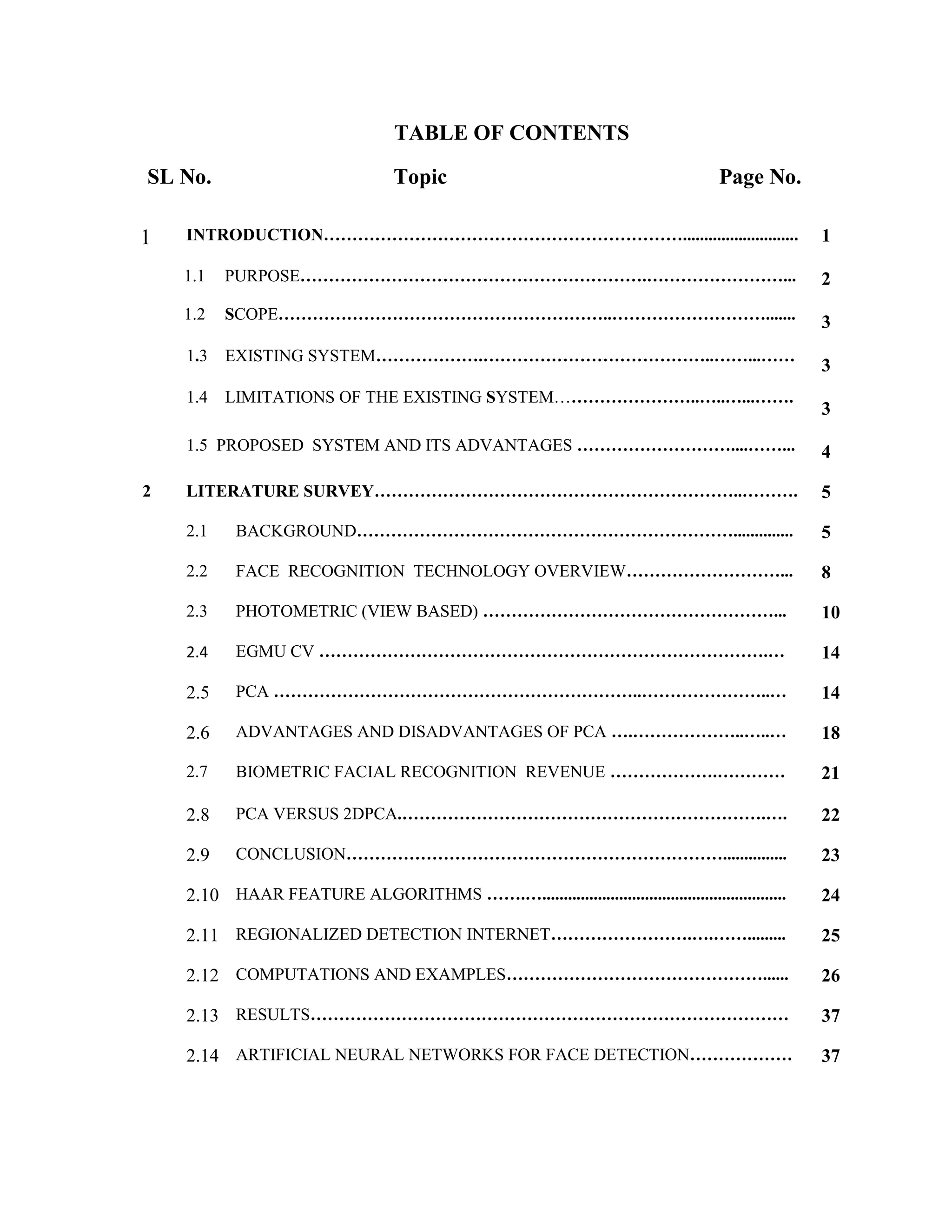 TABLE OF CONTENTS
SL No. Topic Page No.
1 INTRODUCTION………………………………………………………...........................
1.1 PURPOSE…………………………………………………….……………………...
1.2 SCOPE…………………………………………………..……………………….......
1.3 EXISTING SYSTEM……………….…………………………………..……...……
1.4 LIMITATIONS OF THE EXISTING SYSTEM……………………..…..…...…….
1.5 PROPOSED SYSTEM AND ITS ADVANTAGES ………………………....……...
1
2
3
3
3
4
2 LITERATURE SURVEY………………………………………………………..………. 5
2.1 BACKGROUND………………………………………………………….............. 5
2.2 FACE RECOGNITION TECHNOLOGY OVERVIEW………………………... 8
2.3 PHOTOMETRIC (VIEW BASED) ……………………………………………... 10
2.4 EGMU CV …………………………………………………………………….… 14
2.5 PCA ………………………………………………………..…………………..… 14
2.6 ADVANTAGES AND DISADVANTAGES OF PCA ….………………..…..… 18
2.7 BIOMETRIC FACIAL RECOGNITION REVENUE ……………….………… 21
2.8 PCA VERSUS 2DPCA.……………………………………………………….…. 22
2.9 CONCLUSION…………………………………………………………............... 23
2.10 HAAR FEATURE ALGORITHMS …….…......................................................... 24
2.11 REGIONALIZED DETECTION INTERNET…………………….….……......... 25
2.12 COMPUTATIONS AND EXAMPLES………………………………………...... 26
2.13 RESULTS………………………………………………………………………… 37
2.14 ARTIFICIAL NEURAL NETWORKS FOR FACE DETECTION……………… 37
 