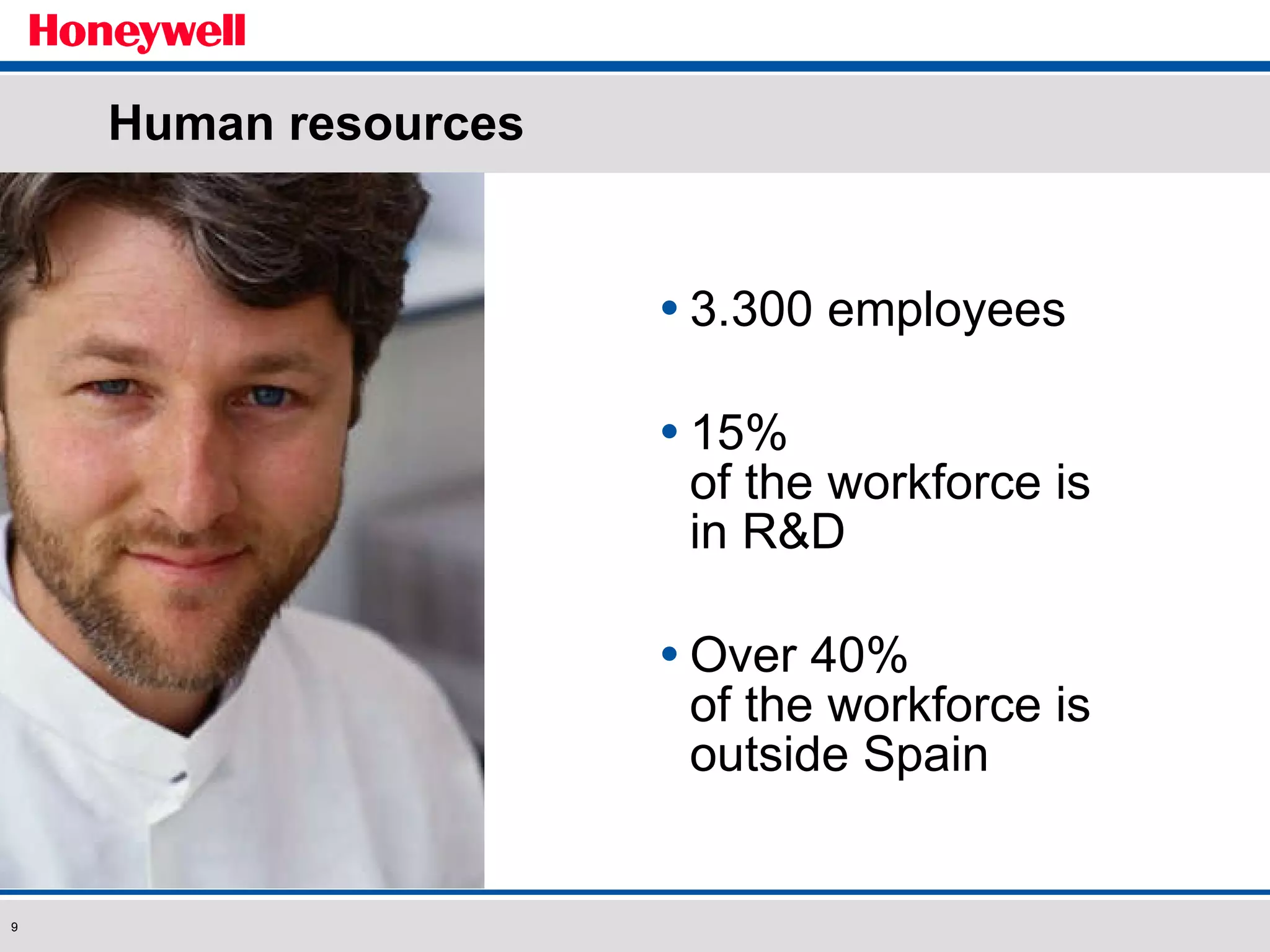 Human resources 3.300 employees 15%  of the workforce is  in R&D Over 40%  of the workforce is outside Spain 