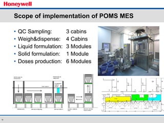Scope of implementation of POMS MES QC Sampling:   3 cabins Weigh&dispense:   4 Cabins Liquid formulation:   3 Modules Solid formulation:   1 Module  Doses production:   6 Modules 