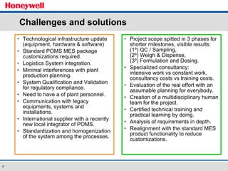 Technological infrastructure update (equipment, hardware & software) Standard POMS MES package customizations required. Logistics System integration. Minimal interferences with plant production planning. System Qualification and Validation for regulatory compliance. Need to have a of plant personnel. Communication with legacy equipments, systems and installations. International supplier with a recently new local integrator of POMS. Standardization and homogenization of the system among the processes. Project scope spitted in 3 phases for shorter milestones, visible results: (1º) QC / Sampling,  (2º) Weigh & Dispense,  (3º) Formulation and Dosing. Specialized consultancy:  intensive work vs constant work,  consultancy costs vs training costs. Evaluation of the real effort with an assumable planning for everybody. Creation of a multidisciplinary human team for the project. Certified technical training and practical learning by doing. Analysis of requirements in depth.  Realignment with the standard MES product functionality to reduce customizations. Challenges and solutions 