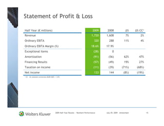 Statement of Profit & Loss

Half Year (€ millions)                                                               2009     2008                  %    % CC1
Revenue                                                                            1,720     1,608                7%       2%
Ordinary EBITA                                                                        320       288             11%        4%
Ordinary EBITA Margin (%)                                                          18.6%     17.9%
Exceptional items                                                                     (28)         0
Amortization                                                                          (91)     (56)             62%       47%
Financing Results                                                                     (57)     (49)             19%       27%
Taxation on income                                                                    (11)     (39)           (71%)      (68%)
Net income                                                                            133       144            (8%)      (19%)
1   CC – At constant currencies (EUR/USD = 1.47)




                                          2009 Half-Year Results - Resilient Performance     July 29, 2009 – Amsterdam           15
 