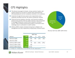 CFS Highlights
   The division leveraged its brands, strong customer loyalty, and
   market positions to increase its market share penetration by
   offering leading full service compliance solutions to its customers
   Corporate & Legal Services results were impacted by lower
                                                                                                                         Financial
   corporate formation and UCC lien search transaction volumes
                                                                                                                         Services
   Financial Services banking, securities, and insurance products                                                           36%
   posted strong growth driven by stable retention rates and growth                                 Corporate &
   in mortgage transaction volume levels related to refinance                                      Legal Services
   activity. Other lending transactional products continued to face                                     64%
   challenges due to constraints in credit markets
   Ordinary EBITA margins remained strong due to diligent cost
   management but were impacted by transactional revenue results

                                                                                                 Revenue Half-Year 2009: €259 million


                                                             Half Year
Millions                                  2009        2008                       CC        OG
Revenue (EUR)                               259         236         10%        (4%)       (4%)
Revenue (USD)                               344         360
Ordinary EBITA (EUR)                          61          65       (6%)      (19%)       (19%)
Ordinary EBITA (USD)                          81        100
Ordinary EBITA Margin                    23.6%       27.6%
 - % Change;   CC - % Change constant currency (EUR/USD 1.47);   OG – Organic growth %



                                          2009 Half-Year Results - Resilient Performance          July 29, 2009 – Amsterdam          25
 