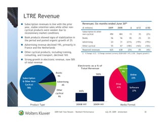 LTRE Revenue
 Subscription revenues in line with the prior               Revenues: Six months ended June 30th
 year, stable retention sales while other non-              (€ millions)                      2009        2008                         CC           OG
 cyclical products were weaker due to
                                                            Subscription & other
 recessionary market conditions                             non-cyclical                        490         484           1%           3%          (2%)
 Book products showed signs of stabilization in             Books                                 56          56          0%           2%           2%
 the period and posted organic growth of 2%
                                                            Advertising                           24          31      (21%)          (19%)     (19%)
 Advertising revenue declined 19%, primarily in             Other cyclical                        55          67      (18%)          (16%)     (16%)
 France and the Netherlands
                                                            Reported revenues                   625         638         (2%)           0%          (4%)
 Other cyclical products, including training,                 - % Change;    CC - % Change constant currency (EUR/USD 1.47);    OG – Organic growth %
 consulting, and transport, declined 16%
 Strong growth in electronic revenue, now 50%
 of total revenue
                                                       Electronic as a % of
                                                         Total Revenue                                       Services
                                                                                                                9%
                              Books
                                                                               50%                                         Online
                               9%
Subscription                                                                                                                   23%
& Other Non-                   Advertising
  Cyclical                         4%                                                                    Print
   78%                                                                                                   41%              Software
                              Other                     46%                                                                 27%
                             cyclical
                                9%


       Product Type                                  2008 HY                2009 HY                           Media Format

                            2009 Half-Year Results - Resilient Performance                July 29, 2009 – Amsterdam                           30
 