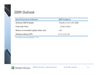 2009 Outlook
 Key Performance Indicators                                                     2009 Guidance
 Ordinary EBITA Margin                                                          Broadly In-line with 2008

 Free Cash Flow1                                                                 ± €350 million

 Return on Invested Capital (after tax)                                         ≥ 8%

 Diluted ordinary EPS1                                                          €1.41 to €1.46
¹ At constant currencies (EUR/USD = 1.47)




                               2009 Half-Year Results - Resilient Performance          July 29, 2009 – Amsterdam   32
 