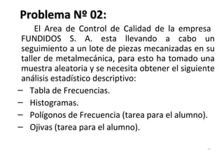 Problema Nº 02:Problema Nº 02:
El Area de Control de Calidad de la empresa
FUNDIDOS S. A. esta llevando a cabo un
seguimiento a un lote de piezas mecanizadas en su
taller de metalmecánica, para esto ha tomado una
muestra aleatoria y se necesita obtener el siguiente
análisis estadístico descriptivo:
– Tabla de Frecuencias.
– Histogramas.
– Polígonos de Frecuencia (tarea para el alumno).
– Ojivas (tarea para el alumno).
107
 