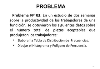 Problema Nº 03: En un estudio de dos semanas
sobre la productividad de los trabajadores de una
fundición, se obtuvieron los siguientes datos sobre
el número total de piezas aceptables que
produjeron los trabajadores:
• Elaborar la Tabla de Distribución de Frecuencias.
• Dibujar el Histograma y Polígono de Frecuencia.
120
1-9
PROBLEMA
 