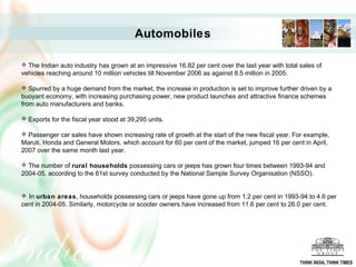 Automobiles

 The Indian auto industry has grown at an impressive 16.82 per cent over the last year with total sales of
vehicles reaching around 10 million vehicles till November 2006 as against 8.5 million in 2005.

 Spurred by a huge demand from the market, the increase in production is set to improve further driven by a
buoyant economy, with increasing purchasing power, new product launches and attractive finance schemes
from auto manufacturers and banks.

 Exports for the fiscal year stood at 39,295 units.

 Passenger car sales have shown increasing rate of growth at the start of the new fiscal year. For example,
Maruti, Honda and General Motors, which account for 60 per cent of the market, jumped 16 per cent in April,
2007 over the same month last year.

 The number of rural households possessing cars or jeeps has grown four times between 1993-94 and
2004-05, according to the 61st survey conducted by the National Sample Survey Organisation (NSSO).


 In urban areas, households possessing cars or jeeps have gone up from 1.2 per cent in 1993-94 to 4.6 per
cent in 2004-05. Similarly, motorcycle or scooter owners have increased from 11.6 per cent to 26.0 per cent.




                                                                                                   THINK INDIA, THINK TIMES
 
