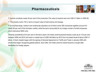 Pharmaceuticals

 Exports constitute nearly 40 per cent of the production.The value of exports was over US$ 4.7 billion in 2005-06,

 The industry ranks 17th in terms of export value of bulk actives and dosage.

 It comprises large, medium and small-scale operators out of which some 300 companies together account for

nearly 90 per cent of the domestic market, while the rest is accounted for by a large number of small companies
which total about 9000 units.

Growing consistently at 9.5 per cent in the last 5 years, the Indian pharmaceutical industry could zip at 13.6 per cent
between 2006 and 2010 and reach a market size of US$ 9.48 billion by 2010 from its present level of about US$ 5.7
billion. A fresh chapter began with the signing of General Agreement on Tariffs and Trade in January 2005 with
which India began recognising global patents. Soon after, the Indian pharma market became a sought after
destination for foreign players.




                                                                                                         THINK INDIA, THINK TIMES
 