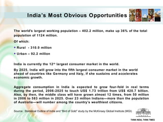 India’s Most Obvious Opportunities
The world's largest working population – 402.2 million, make up 36% of the total
population of 1124 million.
Of which:
Rural - 310.0 million
Urban – 92.2 million
India is currently the 12th
largest consumer market in the world.
By 2025, India will grow into the fifth largest consumer market in the world
ahead of countries like Germany and Italy, if she sustains and accelerates
economic growth.
Aggregate consumption in India is expected to grow four-fold in real terms
during the period, 2006-2025 to touch US$ 1.73 trillion from US$ 420.7 billion.
Also, by then, the middle class will have grown almost 12 times, from 50 million
in 2006 to 583 million in 2025. Over 23 million Indians—more than the population
of Australia—will number among the country’s wealthiest citizens.
Source: Statistical Outline of India and “Bird of Gold” study by the McKinsey Global Institute (MGI)
THINK INDIA, THINK TIMES
 