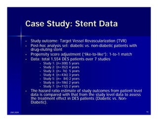 Case Study: Stent Data
           •   Study outcome: Target Vessel Revascularization (TVR)
           •   Post-hoc analysis set: diabetic vs. non-diabetic patients with
               drug-eluting stent
           •   Propensity score adjustment (“like-to-like”): 1-to-1 match
           •   Data: total 1,554 DES patients over 7 studies
                    •   Study 1: (n=308) 5 years
                    •   Study 2: (n=352) 4 years
                    •   Study 3: (n= 76) 5 years
                    •   Study 4: (n=436) 3 years
                    •   Study 5: (n= 84) 2 years
                    •   Study 6: (n=186) 2 years
                    •   Study 7: (n=112) 2 years
           •   The hazard ratio estimate of study outcomes from patient level
               data is compared with that from the study level data to assess
               the treatment effect in DES patients (Diabetic vs. Non-
               Diabetic).

JSM 2009                                                                        14
 