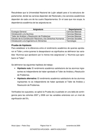 Recuérdese que la Universidad Nacional de Luján adoptó para sí la estructura de-
partamental, donde las carreras dependen del Rectorado y los servicios académicos
dependen de cada uno de los cuatro Departamentos. En el caso que nos ocupa, la
dependencia académica de las asignaturas es


                            Asignatura                              Departamento
Ecología General                                                  Ciencias Básicas
Introducción a la Química                                         Ciencias Básicas
Taller de Análisis y Resolución de Problemas                      Ciencias Básicas
Estudio de la Constitución Nacional y los Derechos Humanos        Ciencias Sociales
Introducción a la Ingeniería en Alimentos                         Tecnología

Prueba de hipótesis
Para establecer si la diferencia entre el rendimiento académico de quienes aproba-
ron el Taller y entre quienes lo desaprobaron es significativa se definieron las varia-
bles “Alumnos que aprobaron por lo menos tres asignaturas” y “Alumnos que apro-
baron el Taller”.


Se definieron las siguientes hipótesis de trabajo:
   •   Hipótesis nula: El rendimiento académico satisfactorio de los alumnos ingre-
       santes es independiente de haber aprobado el Taller de Análisis y Resolución
       de Problemas.
   •   Hipótesis alternativa: El rendimiento académico satisfactorio de los alumnos
       ingresantes no es independiente de haber aprobado el Taller de Análisis y
       Resolución de Problemas.


Verificados los supuestos, se aplicó la Prueba de ji-cuadrado en una tabla de contin-
gencia para las cohortes 2007 y 2008 con las variables anteriores con un nivel de
significación del 5%.




Alicia López – Pedro Díaz          Página 9 de 14                 noviembre de 2009

                        ESTADÍSTICA APLICADA – MARTA KISILEVSKY
 