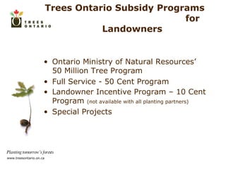 Trees Ontario Subsidy Programs  for Landowners  Ontario Ministry of Natural Resources’  50 Million Tree Program Full Service - 50 Cent Program Landowner Incentive Program – 10 Cent Program  (not available with all planting partners) Special Projects 