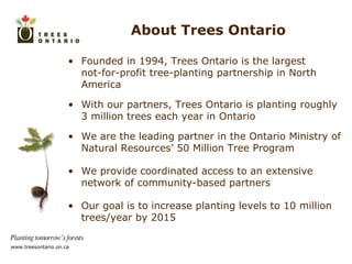 About Trees Ontario Founded in 1994, Trees Ontario is the largest  not-for-profit tree-planting partnership in North America With our partners, Trees Ontario is planting roughly  3 million trees each year in Ontario We are the leading partner in the Ontario Ministry of Natural Resources’ 50 Million Tree Program We provide coordinated access to an extensive network of community-based partners Our goal is to increase planting levels to 10 million trees/year by 2015 