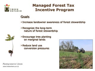 Goals Increase landowner awareness of forest stewardship Recognize the long-term nature of forest stewardship Encourage tree planting on marginal lands Reduce land use  conversion pressures Managed Forest Tax  Incentive Program 