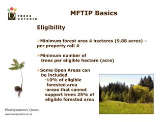 MFTIP Basics Eligibility Minimum forest area 4 hectares (9.88 acres) – per property roll # Minimum number of trees per eligible hectare (acre) Some Open Areas can be included 10% of eligible  forested area areas that cannot  support trees 25% of  eligible forested area 