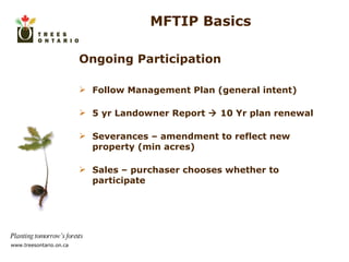 MFTIP Basics Ongoing Participation Follow Management Plan (general intent) 5 yr Landowner Report    10 Yr plan renewal Severances – amendment to reflect new property (min acres) Sales – purchaser chooses whether to participate 