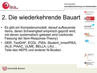 2. Die wiederkehrende Bauart Es gibt ein Kompetenzmodell, darauf aufbauende Items, deren Schwierigkeit empirisch geprüft wird, mit denen systematisch getestet wird (verkürzte Fassung der Item-Response-Theory) GER, TestDAF, ECDL, PISA, Student_innenPISA, IALS, PIAAC, ULME, BELLA, LAU…  Teile des NEPS und anderer N-Studien 