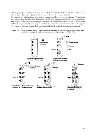 chromogène qui, en réagissant avec le substrat modifié, produit une réaction colorée. La
réaction colorée est évaluée après 1 à 5 minutes d’incubation selon les tests.
La quantité de substrat étant inversement proportionnelle à la concentration de l’échantillon
en progestérone, la coloration l’est aussi. Ainsi, une concentration élevée en progestérone
(vache gravide ou en phase lutéale) produira une coloration faible tandis qu’une concentration
faible en progestérone (vache en période d’œstrus) produira une coloration intense. La figure
10 résume le principe général d’un test rapide utilisant la méthode immuno-enzymatique.

Figure 10 : Principe général d’un test rapide permettant d’évaluer la concentration en progestérone d’un
             échantillon de lait par la méthode immuno-enzymatique (d’après NEBEL 1988)




                                                                                                     69
 