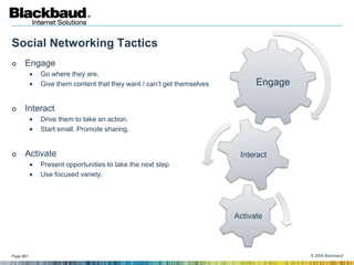 Social Networking Tactics
     Engage
           Go where they are.
           Give them content that they want / can’t g...