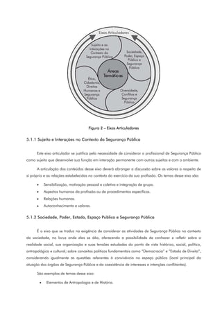 Figura 2 – Eixos Articuladores
5.1.1 Sujeito e Interações no Contexto da Segurança Pública
Este eixo articulador se justifica pela necessidade de considerar o profissional de Segurança Pública
como sujeito que desenvolve sua função em interação permanente com outros sujeitos e com o ambiente.
A articulação dos conteúdos desse eixo deverá abranger a discussão sobre os valores a respeito de
si próprio e as relações estabelecidas no contexto do exercício da sua profissão. Os temas desse eixo são:
• Sensibilização, motivação pessoal e coletiva e integração de grupo.
• Aspectos humanos da profissão ou de procedimentos específicos.
• Relações humanas.
• Autoconhecimento e valores.
5.1.2 Sociedade, Poder, Estado, Espaço Público e Segurança Pública
É o eixo que se traduz na exigência de considerar as atividades de Segurança Pública no contexto
da sociedade, no locus onde elas se dão, oferecendo a possibilidade de conhecer e refletir sobre a
realidade social, sua organização e suas tensões estudadas do ponto de vista histórico, social, político,
antropológico e cultural; sobre conceitos políticos fundamentais como “Democracia” e “Estado de Direito”,
considerando igualmente as questões referentes à convivência no espaço público (local principal da
atuação dos órgãos de Segurança Pública e da coexistência de interesses e intenções conflitantes).
São exemplos de temas desse eixo:
• Elementos de Antropologia e de História.
 
