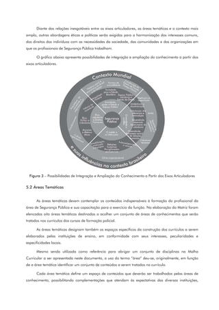 Diante das relações inesgotáveis entre os eixos articuladores, as áreas temáticas e o contexto mais
amplo, outras abordagens éticas e políticas serão exigidas para a harmonização dos interesses comuns,
dos direitos dos indivíduos com as necessidades da sociedade, das comunidades e das organizações em
que os profissionais de Segurança Pública trabalham.
O gráfico abaixo apresenta possibilidades de integração e ampliação do conhecimento a partir dos
eixos articuladores.
Figura 3 – Possibilidades de Integração e Ampliação do Conhecimento a Partir dos Eixos Articuladores
5.2 Áreas Temáticas
As áreas temáticas devem contemplar os conteúdos indispensáveis à formação do profissional da
área de Segurança Pública e sua capacitação para o exercício da função. Na elaboração da Matriz foram
elencadas oito áreas temáticas destinadas a acolher um conjunto de áreas de conhecimentos que serão
tratados nos currículos dos cursos de formação policial.
As áreas temáticas designam também os espaços específicos da construção dos currículos a serem
elaborados pelas instituições de ensino, em conformidade com seus interesses, peculiaridades e
especificidades locais.
Mesmo sendo utilizada como referência para abrigar um conjunto de disciplinas na Malha
Curricular a ser apresentada neste documento, o uso do termo “área” deu-se, originalmente, em função
de a área temática identificar um conjunto de conteúdos a serem tratados no currículo.
Cada área temática define um espaço de conteúdos que deverão ser trabalhados pelas áreas de
conhecimento, possibilitando complementações que atendam às expectativas das diversas instituições,
 