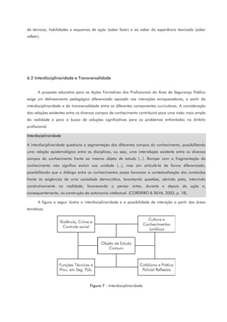 de técnicas, habilidades e esquemas de ação (saber fazer) e ao saber da experiência teorizada (saber
refletir).
6.2 Interdisciplinaridade e Transversalidade
A proposta educativa para as Ações Formativas dos Profissionais da Área de Segurança Pública
exige um delineamento pedagógico diferenciado apoiado nas interações enriquecedoras, a partir da
interdisciplinaridade e da transversalidade entre os diferentes componentes curriculares. A consideração
das relações existentes entre os diversos campos de conhecimento contribuirá para uma visão mais ampla
da realidade e para a busca de soluções significativas para os problemas enfrentados no âmbito
profissional.
Interdisciplinaridade
A interdisciplinaridade questiona a segmentação dos diferentes campos do conhecimento, possibilitando
uma relação epistemológica entre as disciplinas, ou seja, uma interrelação existente entre os diversos
campos do conhecimento frente ao mesmo objeto de estudo (...). Romper com a fragmentação do
conhecimento não significa excluir sua unidade (...), mas sim articulá-la de forma diferenciada,
possibilitando que o diálogo entre os conhecimentos possa favorecer a contextualização dos conteúdos
frente às exigências de uma sociedade democrática, levantando questões, abrindo pista, intervindo
construtivamente na realidade, favorecendo o pensar antes, durante e depois da ação e,
consequentemente, na construção da autonomia intelectual. (CORDEIRO & SILVA, 2003, p. 18).
A figura a seguir ilustra a interdisciplinaridade e a possibilidade de interação a partir das áreas
temáticas.
Figura 7 – Interdisciplinaridade
 