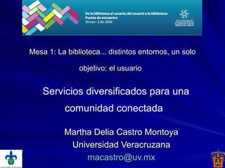 Mesa 1:  La biblioteca... distintos entornos, un solo objetivo: el usuario   Martha Delia Castro Montoya Universidad Veracruzana [email_address] Servicios diversificados para una comunidad conectada   