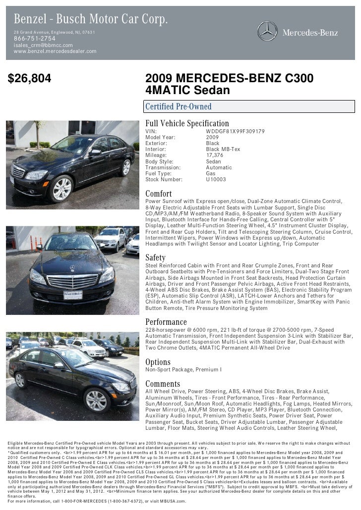 2009 Mercedes Benz C Class C300 For Sale At 18092270 Pdf