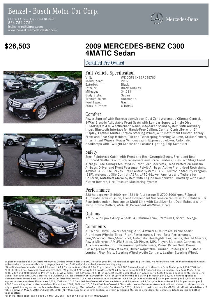 2009 Mercedes Benz C Class C300 For Sale At 18142806 Pdf