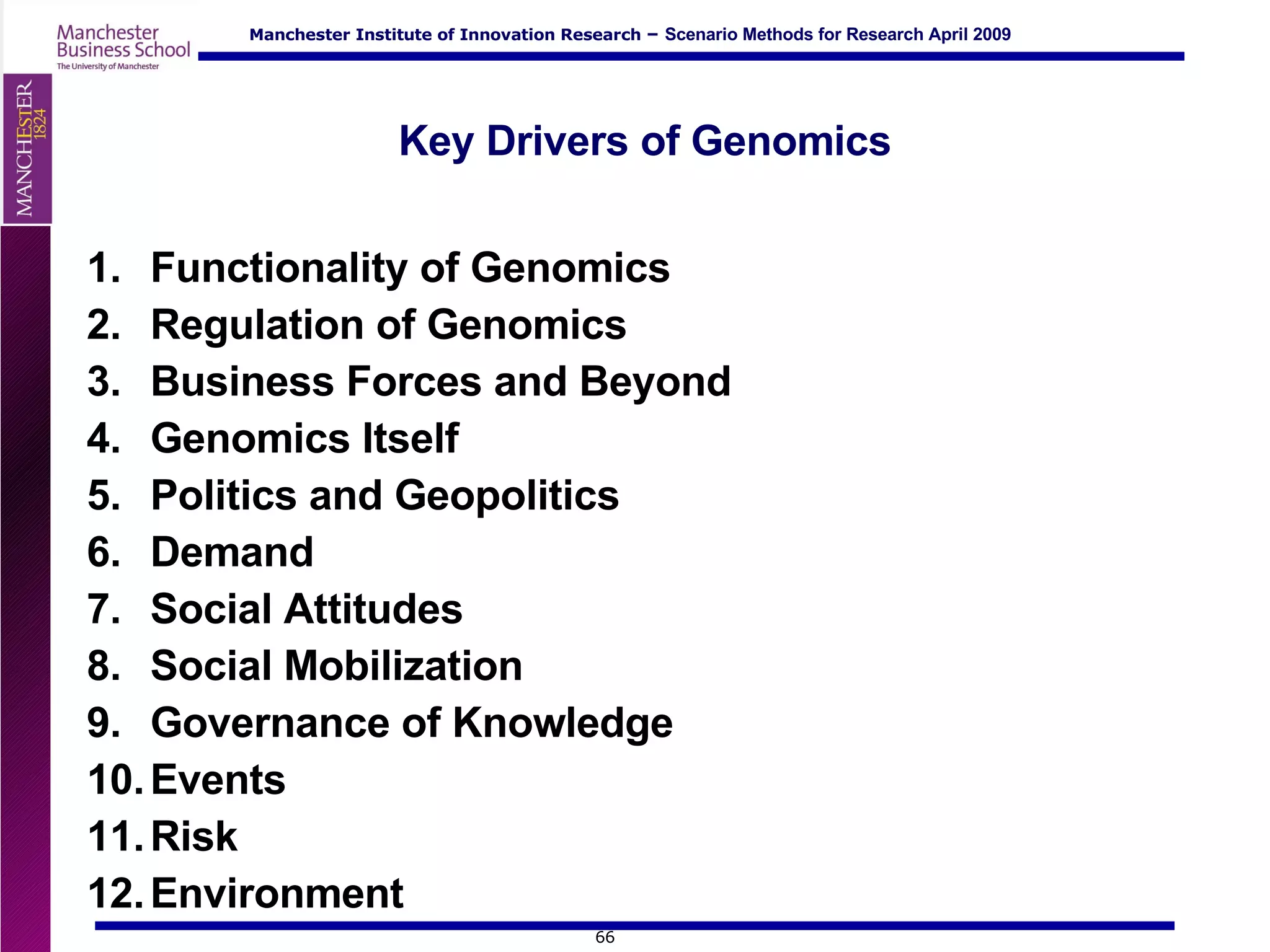 Key Drivers of Genomics Functionality of Genomics Regulation of Genomics Business Forces and Beyond Genomics Itself Politics and Geopolitics Demand Social Attitudes Social Mobilization Governance of Knowledge Events  Risk Environment 