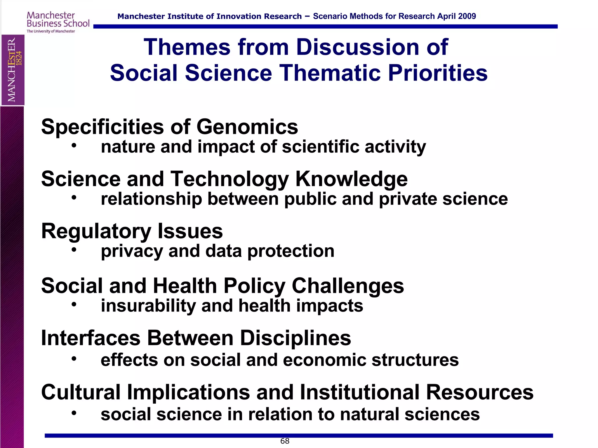 Themes from Discussion of  Social Science Thematic Priorities Specificities of Genomics  nature and impact of scientific activity Science and Technology Knowledge relationship between public and private science Regulatory Issues privacy and data protection Social and Health Policy Challenges insurability and health impacts Interfaces Between Disciplines effects on social and economic structures Cultural Implications and Institutional Resources social science in relation to natural sciences 