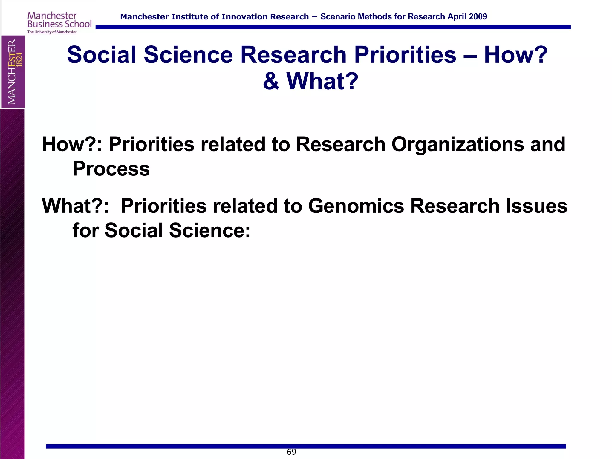 Social Science Research Priorities – How?  & What? How?: Priorities related to Research Organizations and Process  What?:  Priorities related to Genomics Research Issues for Social Science: 