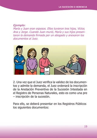 LA SUCESIÓN O HERENCIA
19
Ejemplo:
María y Juan eran esposos. Ellos tuvieron tres hijos, Víctor,
Ana y Jorge. Cuando Juan murió, María y sus hijos presen-
taron la demanda firmada por un abogado y anexaron los
documentos al Juez.
2. Una vez que el Juez verifica la validez de los documen-
tos y admite la demanda, el Juez ordenará la inscripción
de la Anotación Preventiva de la Sucesión Intestada en
el Registro de Personas Naturales, esto es como una pre
– inscripción de la sucesión.
Para ello, se deberá presentar en los Registros Públicos
los siguientes documentos:
 