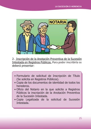 LA SUCESIÓN O HERENCIA
25
2. Inscripción de la Anotación Preventiva de la Sucesión
Intestada en Registros Públicos. Para poder inscribirla se
deberá presentar:
•	Formulario de solicitud de Inscripción de Título
(Se solicita en Registros Públicos).
•	Copia de los documentos de identidad de todos los
herederos.
•	Oficio del Notario en la que solicite a Registros
Públicos la inscripción de la Anotación Preventiva
de la Sucesión Intestada.
•	Copia Legalizada de la solicitud de Sucesión
Intestada.
 