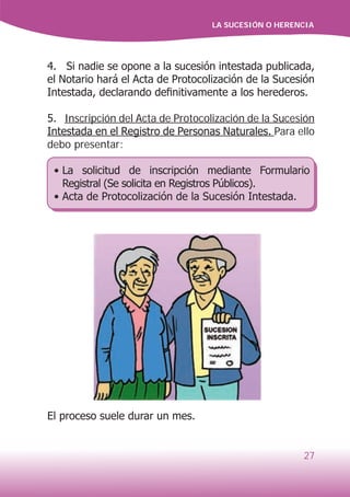 LA SUCESIÓN O HERENCIA
27
4. Si nadie se opone a la sucesión intestada publicada,
el Notario hará el Acta de Protocolización de la Sucesión
Intestada, declarando definitivamente a los herederos.
5. Inscripción del Acta de Protocolización de la Sucesión
Intestada en el Registro de Personas Naturales. Para ello
debo presentar:
•	La solicitud de inscripción mediante Formulario
Registral (Se solicita en Registros Públicos).
•	Acta de Protocolización de la Sucesión Intestada.
El proceso suele durar un mes.
 