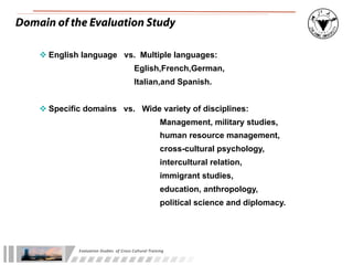 Domain of the Evaluation Study

     English language vs. Multiple languages:
                                                      Eglish,French,German,
                                                      Italian,and Spanish.


     Specific domains vs. Wide variety of disciplines:
                                                                         Management, military studies,
                                                                         human resource management,
                                                                         cross-cultural psychology,
                                                                         intercultural relation,
                                                                         immigrant studies,
                                                                         education, anthropology,
                                                                         political science and diplomacy.




             Evaluation	
  Studies	
  	
  of	
  Cross-­‐Cultural	
  Training
 