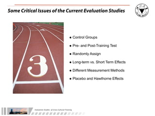 Some Critical Issues of the Current Evaluation Studies




                                                                      • Control Groups
                                                                      • Pre- and Post-Training Test
                                                                      • Randomly Assign
                                                                      • Long-term vs. Short Term Effects
                                                                      • Different Measurement Methods
                                                                      • Placebo and Hawthorne Effects




            Evaluation	
  Studies	
  	
  of	
  Cross-­‐Cultural	
  Training
 