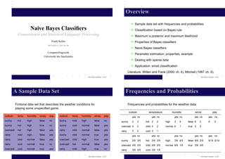Overview
                                                                                                                          • Sample data set with frequencies and probabilities
                      Naive Bayes Classiﬁers                                                                              • Classiﬁcation based on Bayes rule
            Connectionist and Statistical Language Processing                                                             • Maximum a posterior and maximum likelihood

                                          Frank Keller                                                                    • Properties of Bayes classiﬁers
                                       keller@coli.uni-sb.de
                                                                                                                          • Naive Bayes classiﬁers
                                      Computerlinguistik                                                                  • Parameter estimation, properties, example
                                   Universit¨ t des Saarlandes
                                            a
                                                                                                                          • Dealing with sparse data

                                                                                                                          • Application: email classiﬁcation

                                                                                                                        Literature: Witten and Frank (2000: ch. 4), Mitchell (1997: ch. 6).
                                                                              Naive Bayes Classiﬁers – p.1/22                                                                     Naive Bayes Classiﬁers – p.2/22




          A Sample Data Set                                                                                        Frequencies and Probabilities

           Fictional data set that describes the weather conditions for                                                 Frequencies and probabilities for the weather data:
           playing some unspeciﬁed game.
                                                                                                                        outlook         temperature          humidity         windy                   play
outlook     temp.   humidity   windy    play      outlook      temp.   humidity         windy            play              yes no         yes no              yes no         yes no            yes no
sunny       hot     high       false    no        sunny        mild    high             false            no     sunny      2      3   hot 2    2      high    3    4    false 6   2            9         5
sunny       hot     high       true     no        sunny        cool    normal           false            yes    overcast 4        0   mild 4   2      normal 6     1    true 3    3
overcast    hot     high       false    yes       rainy        mild    normal           false            yes    rainy      3      2   cool 3   1
rainy       mild    high       false    yes       sunny        mild    normal           true             yes               yes no         yes no              yes no         yes no            yes no
rainy       cool    normal     false    yes       overcast     mild    high             true             yes    sunny      2/9 3/5    hot 2/9 2/5     high    3/9 4/5   false 6/9 2/5          9/14 5/14
rainy       cool    normal     true     no        overcast     hot     normal           false            yes    overcast 4/9 0/5      mild 4/9 2/5    normal 6/9 1/5    true 3/9 3/5
overcast    cool    normal     true     yes       rainy        mild    high             true             no     rainy      3/9 2/5    cool 3/9 1/5

                                                                              Naive Bayes Classiﬁers – p.3/22                                                                     Naive Bayes Classiﬁers – p.4/22
 