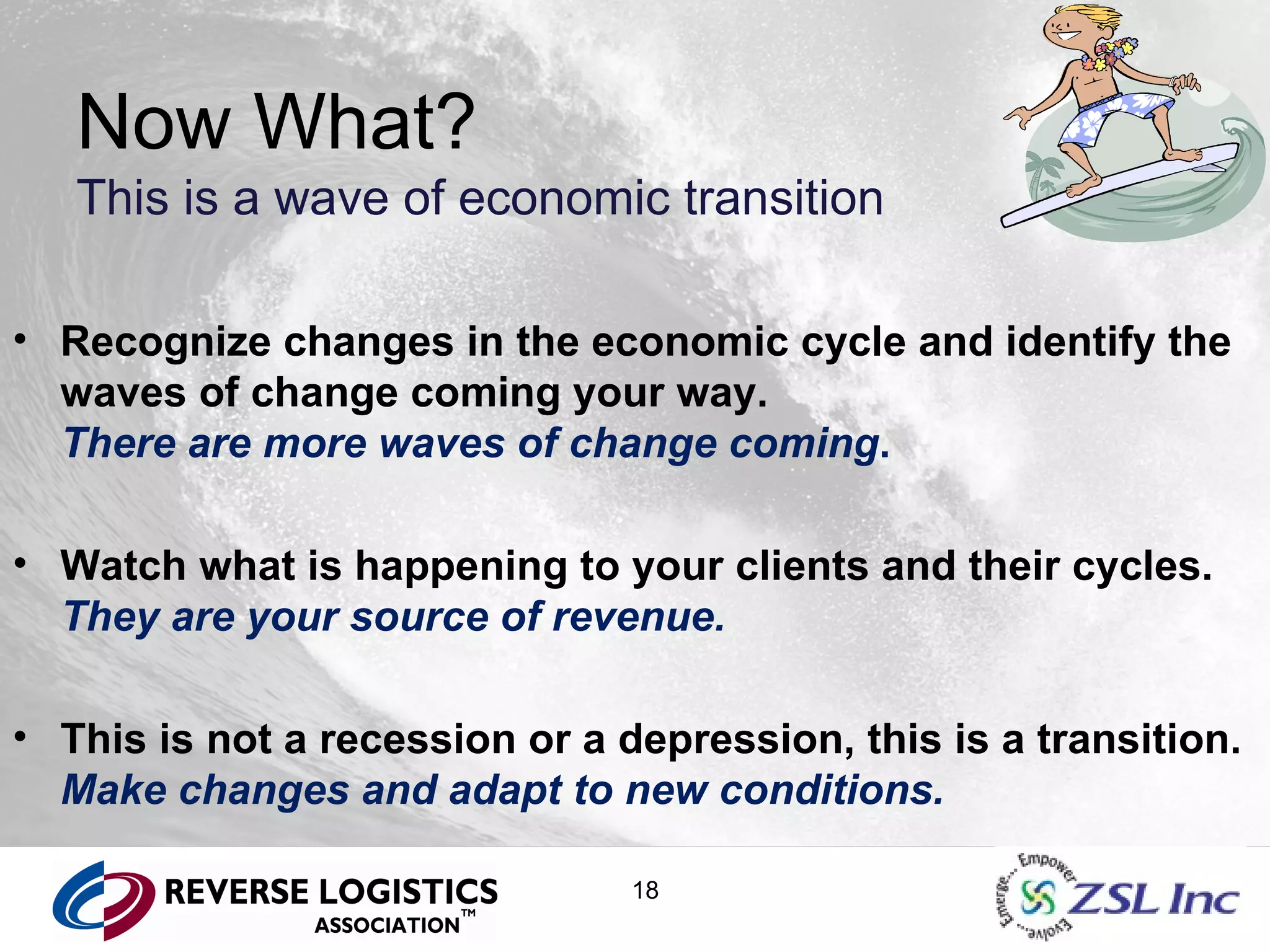 Now What? This is a wave of economic transition Recognize changes in the economic cycle and identify the waves of change coming your way.  There are more waves of change coming . Watch what is happening to your clients and their cycles.  They are your source of revenue. This is not a recession or a depression, this is a transition.  Make changes and adapt to new conditions. 