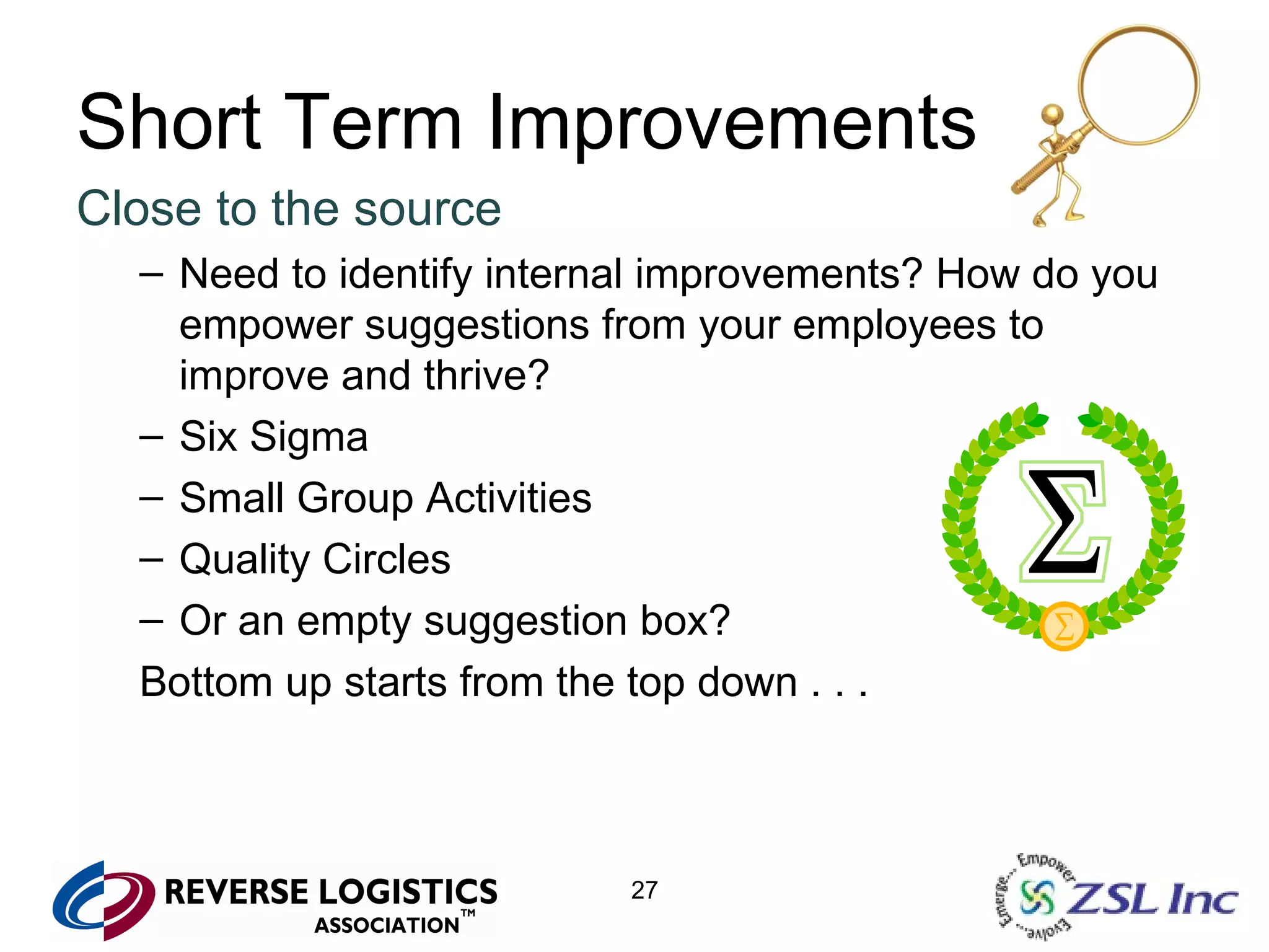Short Term Improvements Close to the source Need to identify internal improvements? How do you empower suggestions from your employees to improve and thrive? Six Sigma Small Group Activities Quality Circles Or an empty suggestion box? Bottom up starts from the top down . . . 