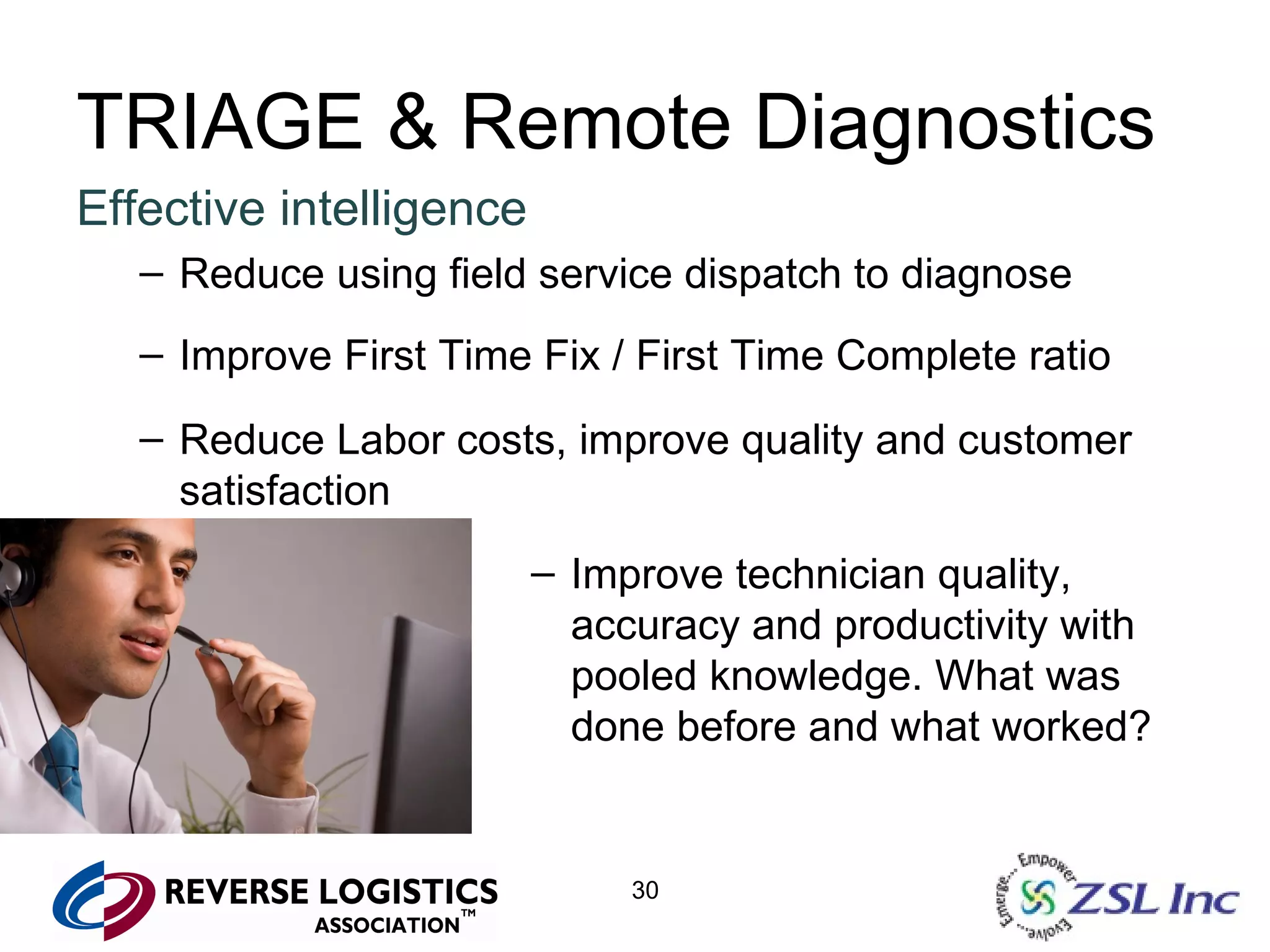 TRIAGE & Remote Diagnostics Effective intelligence Reduce using field service dispatch to diagnose Improve First Time Fix / First Time Complete ratio Reduce Labor costs, improve quality and customer satisfaction Improve technician quality, accuracy and productivity with pooled knowledge. What was done before and what worked? 