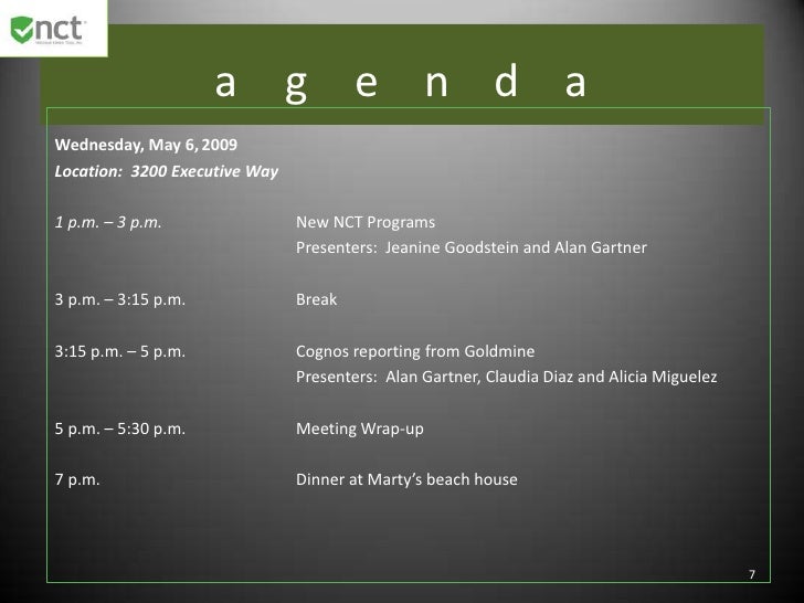 2009 nct sales meeting agenda