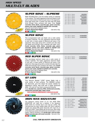 HIGH SPEED
     MULTI-CUT BLADES

                        SUPER SONIC - SUPREME                                             12” x .125” x 1”-20mm           12SUperg
                                                                                          12” x .125” x 1”-20mm         12SUperg20
                        NEW TECHNOLOGY: Cuts the widest variety of materials
                                                                                          14” x .125” x 1”-20mm           14SUperg
                        in the market. This highly aggressive diamond blade is built
                                                                                          14” x .125” x 1”-20mm         14SUperg20
                        with a mixed variety of diamond grit sizes in the segments.       16” x .125” x 1”-20mm           16SUperg
                        Drop segs along with a vented core also help this blade           18” x .125” x 1”-20mm           18SUperg
                        drive through many surfaces with ease. Cuts: Cured                20” x .125” x 1”-20mm           20SUperg
                        concrete, brick, block, concrete pipe, green concrete,
                        pavers over sand, asphalt & asphalt over concrete.
                        Use with hand held or tabletop saws.
            Signature   9/14mm Segmented Height                      Use wet or dry.
            Series
                         HS    W/D 2/4


                        SUPER SONIC                                                       12” x .125” x 1”-20mm        12chSUperg
                                                                                          14” x .125” x 1”-20mm        14chSUperg
                        This re-engineered multi use blade cuts a wide variety
                        of surface materials. The very aggressive diamond blade
                        is built with a mixed variety of diamond grit sizes in the
                        segments. Drop segs along with a vented core also help
                        this blade drive through many materials with ease. Cuts:
                        Cured concrete, brick, block, concrete pipe, green
                        concrete, pavers over sand, asphalt & asphalt over
                        concrete. Use with hand held or tabletop saws.
                        9/14mm Segmented Height                   Use wet or dry.
                         HS    W/D 2/4


                        RED SUPER SONIC                                                   12” x .125” x 1”-20mm       12chSUpergr
                                                                                          14” x .125” x 1”-20mm       14chSUpergr
                        This new-design premium blade cuts a wide variety of
                        surface materials. The highly aggressive diamond blade
                        is built with a mixed variety of diamond grit sizes in the
                        segments. Drop segs along with a vented core also help this
                        blade drive through many surfaces with ease. Cuts: Cured
                        concrete, brick, block, concrete pipe, green concrete,
                        pavers over sand, asphalt & asphalt over concrete.
                        Use with hand held or tabletop saws.
                        9/14mm Segment Height                     Use wet or dry.
                         HS    W/D 2/4


                        GT LION                                                             4” x .080” x 7/8”-5/8”          4gtlion
                                                                                          4.5” x .080” x 7/8”-5/8”        4.5gtlion
                        This Vacuum Brazed “LION” power blade cuts a
                                                                                            5” x .080” x 7/8”-5/8”          5gtlion
                        wide variety of hard surfaces. The MBS950 surface                   6” x .080” x 7/8”-5/8”          6gtlion
                        set diamonds, give this blade the power needed for                  7” x .095” x DM-5/8”            7gtlion
                        aggressive cutting. Also built with a highly tensioned              8” x .095” x DM-5/8”            8gtlion
                        steel .125 core for true track running and long life.              10” x .095” x 7/8”-5/8”        10gtlion
                        Cuts: Ductile iron, cast iron, PVC, reinforced concrete,           12” x .125” x 1”-20mm          12gtlion
                        reinforced concrete pipe, steel, wood.                             14” x .125” x 1”-20mm          14gtlion
                           THE ULTIMATE EMERGENCY RESCUE BLADE
            Signature
            Series                                                Use wet or dry.
                         HS    W/D    1


                        IRON MAN SIGNATURE                                                12” x .125” x 1”-20mm         12ShdUctile
                                                                                          12” x .125” x 20mm         12ShdUctile-20
                        The awesome cutting power of our new IRON MAN
                                                                                          14” x .125” x 1”-20mm         14ShdUctile
                        SIGNATURE will make you a believer in the Signature
                                                                                          14” x .125” x 20mm         14ShdUctile-20
                        blade series for nonstop day-in and day-out cutting. We
                                                                                          16” x .125” x 1”-20mm         16ShdUctile
                        manufactured this laser welded blade with 50mm segment
                                                                                          16” x .125” x 20mm         16ShdUctile-20
                        lengths and utilized 960 grade diamonds with mesh mix of
                        40/50 and 50/60. These blades get the job done. Both sides
                        of the blade are coated with diamonds concentrated in a swirl
                        pattern, ideal for beveling. Cuts ductile pipe, cast iron pipe,
                        ridged concrete pipe and cured concrete. Use wet or dry.
                          HS W/D 1


10                                    CALL FOR QUANTITY DISCOUNTS
 