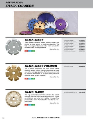 RESTORATION
     CRACK CHASERS




                   CRACK SEGGY                                                 4” x .375” x Threaded          4gtcrAckt
                                                                               4” x .375” x Non-threaded       4gtcrAck
                   These wheels efficiently widen existing cracks and
                                                                               5” x .375” x Threaded          5gtcrAckt
                   provide an ideal groove for sealing preparation. The        5” x .375” x Non-threaded       5gtcrAck
                   high percentage of diamonds in the matrix provide for       7” x .375” x Threaded          7gtcrAckt
                   excellent speed and long wheel life.                        7” x .375” x Non-threaded       7gtcrAck
                                                         Use wet or dry.       8” x .375” x Threaded          8gtcrAckt
                    HS   W/D    2                                              8” x .375” x Non-threaded       8gtcrAck




                   CRACK SEGGY PREMIUM                                         4” x .375” x 7/8”-5/8”         4ShcrAckV

                   This v shaped segmented rim crack chaser wheel
                   efficiently widens existing cracks and provides an ideal
                   groove for sealing preparation. Perfect companion tool
                   for widening ﬂoor seams to lay down water, electrical
                   and other under surface materials.
                                                            Use wet or dry.
                    HS   W/D    2




                   CRACK TURBO                                                 4” x .375” x Threaded 5/8-11   4ShcrAck

                   This high diamond concentrated wheel is the fastest
                   and most effective way to widen existing cracks. These
                   are .375 thick and come with a 5/8 by 11 thread. This
                   pro-series the 10V is the best on the market of its kind-
                   guaranteed!
                                                           Use wet or dry.
                    HS   W/D    2




18                             CALL FOR QUANTITY DISCOUNTS
 