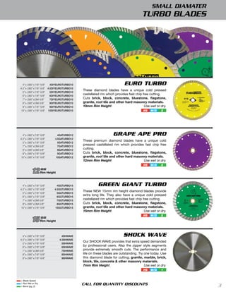 SMALL DIAMATER
                                                                                     TURBO BLADES




  4” x .080” x 7/8”-5/8”   4diYeUrotUrbo10                               EURO TURBO
4.5” x .080” x 7/8”-5/8” 4.5diYeUrotUrbo10
                                             These diamond blades have a unique cold pressed
  5” x .080” x 7/8”-5/8”   5diYeUrotUrbo10
  6” x .080” x 7/8”-5/8”   6diYeUrotUrbo10
                                             castellated rim which provides fast chip free cutting.
  7” x .095” x DM-5/8”     7diYeUrotUrbo10   Cuts brick, block, concrete, bluestone, ﬂagstone,
  8” x .095” x DM-5/8”     8diYeUrotUrbo10   granite, roof tile and other hard masonry materials.
  9” x .095” x 7/8”-5/8”   9diYeUrotUrbo10   10mm Rim Height                           Use wet or dry.
10” x .095” x 7/8”-5/8” 10diYeUrotUrbo10                                              HS   W/D    3




  4” x .080” x 7/8”-5/8”      4gAtUrbo12                         GRAPE APE PRO
4.5” x .080” x 7/8”-5/8”    4.5gAtUrbo12
                                             These premium diamond blades have a unique cold
  5” x .080” x 7/8”-5/8”      5gAtUrbo12
  7” x .095” x DM-5/8”        7gAtUrbo12
                                             pressed castellated rim which provides fast chip free
  8” x .095” x DM-5/8”        8gAtUrbo12     cutting.
  9” x .095” x 7/8”-5/8”      9gAtUrbo12     Cuts brick, block, concrete, bluestone, ﬂagstone,
10” x .095” x 7/8”-5/8”     10gAtUrbo12      granite, roof tile and other hard masonry materials.
                                             12mm Rim Height                        Use wet or dry.
                                                                                      HS   W/D    3

          12       mm
                   Rim Height



  4” x .080” x 7/8”-5/8”      4ggtUrbo15               GREEN GIANT TURBO
4.5” x .080” x 7/8”-5/8”    4.5ggtUrbo15
                                             These NEW 15mm rim height diamond blades provide
  5” x .080” x 7/8”-5/8”      5ggtUrbo15
  6” x .080” x 7/8”-5/8”      6ggtUrbo15
                                             extra long life. They also have a unique cold pressed
  7” x .095” x DM-5/8”        7ggtUrbo15     castellated rim which provides fast chip free cutting.
  8” x .095” x DM-5/8”        8ggtUrbo15     Cuts brick, block, concrete, bluestone, ﬂagstone,
10” x .095” x 7/8”-5/8”      10ggtUrbo15     granite, roof tile and other hard masonry materials.
                                             15mm Rim Height                           Use wet or dry.
                                                                                      HS   W/D    3
          15       mm
                   Rim Height




  4” x .095” x 7/8”-5/8”          4ShwAVe                               SHOCK WAvE
4.5” x .095” x 7/8”-5/8”        4.5ShwAVe
                                             Our SHOCK WAVE provides that extra speed demanded
  5” x .095” x 7/8”-5/8”          5ShwAVe
  6” x .095” x 7/8”-5/8”          6ShwAVe
                                             by professional users. Also the zipper style segments
  7” x .095” x DM-5/8”            7ShwAVe    provide extremely smooth cuts. The performance and
  8” x .095” x 7/8”-5/8”          8ShwAVe    life on these blades are outstanding. Try one today. Use
  9” x .095” x 7/8”-5/8”          9ShwAVe    this diamond blade for cutting: granite, marble, brick,
                                             block, tile, concrete & other masonry materials.
                                             7mm Rim Height                            Use wet or dry.
                                                                                      HS   W/D    1


= Blade Speed
= Run Wet or Dry
= Bond (pg. 2)
                                             CALL FOR QUANTITY DISCOUNTS                                     3
 