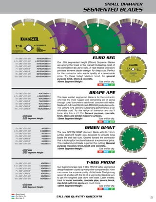 SMALL DIAMATER
                                                                       SEGMENTED BLADES




  4” x .080” x 7/8”-5/8”     4diYeUroSeg10                                       EURO SEG
4.5” x .080” x 7/8”-5/8”   4.5diYeUroSeg10
                                             Our .395 segmented height (10mm) Supreme Blades
  5” x .080” x 7/8”-5/8”     5diYeUroSeg10
  6” x .080” x 7/8”-5/8”     6diYeUroSeg10
                                             are among the finest in the market! Outlasting most of
  7” x .095” x DM-5/8”       7diYeUroSeg10   the competition by 30 to 40%. A heat treated steel core
  8” x .095” x DM-5/8”       8diYeUroSeg10   provides extreme blade strength for deep cuts. Perfect
  9” x .095” x 7/8”-5/8”     9diYeUroSeg10   for the contractor who wants quality at a reasonable
10” x .095” x 7/8”-5/8”    10diYeUroSeg10    price. Try these today! Medium bond, for general
                                             purpose brick, block & concrete.
                                             10mm Segment Height                     Use wet or dry.
                                                                                       HS   W/D     3



  4” x .080” x 7/8”-5/8”       4gAcoMbo12                                    GRAPE APE
4.5” x .080” x 7/8”-5/8”     4.5gAcoMbo12
                                             This laser welded segmented blade is for the contractor
  5” x .080” x 7/8”-5/8”       5gAcoMbo12
                                             who has the most rugged and demanding job of going
  7” x .080” x DM-5/8”         7gAcoMbo12
  8” x .095” x DM-5/8”         8gAcoMbo12
                                             through cured concrete or reinforced concrete with rebar.
  9” x .095” x DM-5/8”         9gAcoMbo12
                                             Made with G.E. best 30/40 mesh MBS 960 grade diamonds.
10” x .110” x DM-5/8”         10gAcoMbo12    The GRAPE APE delivers outstanding performance at an
                                             affordable cost. Try this recipe of diamonds and you’ll
                                             know why this is #1. For General purpose, concrete,

          12       mm
                   Segment Height
                                             brick, block and similar masonry surfaces.
                                             12mm Segment Height                      Use wet or dry.
                                                                                       HS   W/D 2/3


  4” x .080” x 7/8”-5/8”         4ggSeg15                               GREEN GIANT
4.5” x .080” x 7/8”-5/8”       4.5ggSeg15
                                             The new GREEN GIANT diamond blade with it’s 15mm
  5” x .080” x 7/8”-5/8”         5ggSeg15
  6” x .095” x 7/8”-5/8”         6ggSeg15
                                             jumbo segment height was designed to provide long
  7” x .095” x DM-5/8”           7ggSeg15    blade life and fast cuts. Geared toward the contractor
  8” x .095” x DM-5/8”           8ggSeg15    that is looking for functional value at a economical price.
10” x .095” x 7/8”-5/8”        10ggSeg15     This medium bond blade is perfect for cutting: General
                                             purpose masonry, brick, block and concrete.
                                             15mm Segment Height                         Use wet or dry.
          15       mm
                   Segment Height                                                      HS   W/D     3




  4” x .080” x 7/8”-5/8”         4gAtSeg12                                T-SEG PRO12
4.5” x .080” x 7/8”-5/8”       4.5gAtSeg12
                                             Our Supreme Grape Ape T-SEG PRO12 turbo segmented
  5” x .080” x 7/8”-5/8”         5gAtSeg12
                                             design has been copied by many other companies but none
  7” x .095” x DM-5/8”           7gAtSeg12
  8” x .095” x DM-5/8”           8gAtSeg12
                                             can master the supreme quality of this blade. The lightning
  9” x .095” x 7/8”-5/8”         9gAtSeg12
                                             speed of a turbo with the life of a segmented blade is sure
10” x .095” x 7/8”-5/8”         10gAtSeg12   to get the toughest jobs done with ease. Laser welded.
                                             Ideal for cured concrete, concrete pipe, pavers, block,
                                             clay brick with iron spots and much more.
          12       mm
                   Segment Height
                                             12mm Segment Height                        Use wet or dry.
                                                                                       HS   W/D     2

= Blade Speed
= Run Wet or Dry
= Bond (pg. 2)
                                             CALL FOR QUANTITY DISCOUNTS                                      5
 