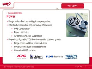Design skills – End user to big picture perspective Infrastructure protection and elimination of downtime UPS Consolidation  Power distribution  Air conditioning, Fire Suppression Properly configured to YOUR environment for business growth Single phase and triple phase solutions Power/Cooling audit and assessments Centralized UPS systems Why CDW? January 10, 2012 CDW PROPRIETARY AND CONFIDENTIAL. COPYING PROHIBITED. PLANNING SERVICES: Power 