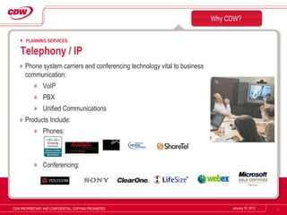 Phone system carriers and conferencing technology vital to business communication: VoIP PBX Unified Communications Products Include: Phones: Conferencing: Why CDW? January 10, 2012 CDW PROPRIETARY AND CONFIDENTIAL. COPYING PROHIBITED. PLANNING SERVICES: Telephony / IP 