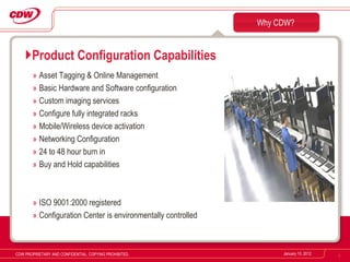 Asset Tagging & Online Management Basic Hardware and Software configuration Custom imaging services Configure fully integrated racks Mobile/Wireless device activation Networking Configuration 24 to 48 hour burn in Buy and Hold capabilities ISO 9001:2000 registered Configuration Center is environmentally controlled Product Configuration Capabilities Why CDW? January 10, 2012 CDW PROPRIETARY AND CONFIDENTIAL. COPYING PROHIBITED. 