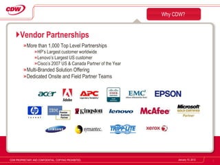 Vendor Partnerships More than 1,000 Top Level Partnerships HP’s Largest customer worldwide Lenovo’s Largest US customer Cisco’s 2007 US & Canada Partner of the Year Multi-Branded Solution Offering Dedicated Onsite and Field Partner Teams Why CDW? January 10, 2012 CDW PROPRIETARY AND CONFIDENTIAL. COPYING PROHIBITED. 